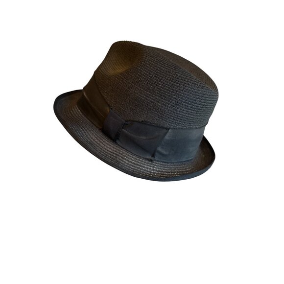 Vintage Worth Hoats Genuine Milan Straw Fedora Hat Black 7 1/4 - Picture 2 of 5